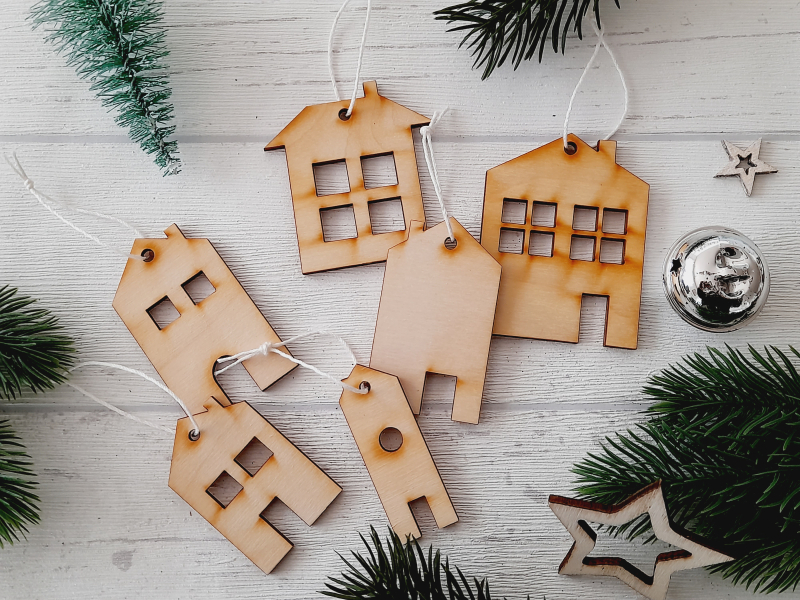 6er Set Christbaumanhänger Holz Häuser
