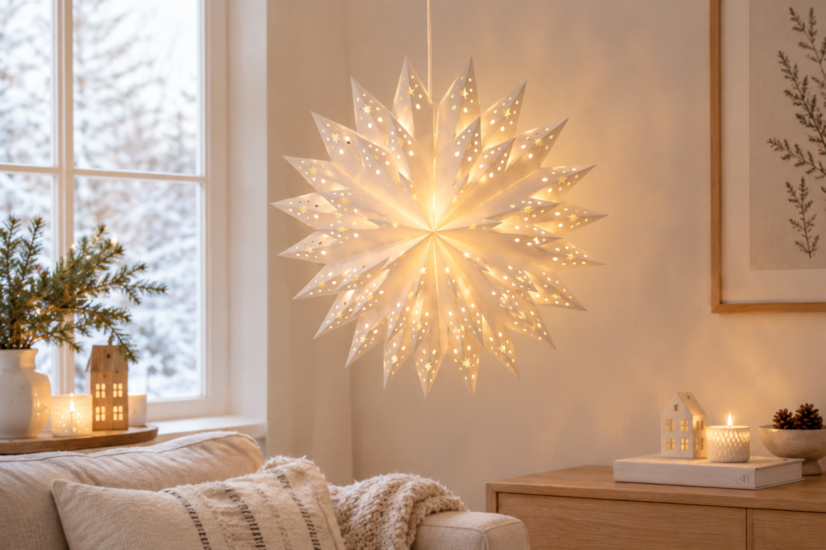 Papierstern 58 cm LED beleuchtet – großer Weihnachtsstern aus Papier, warmweiß mit Timer