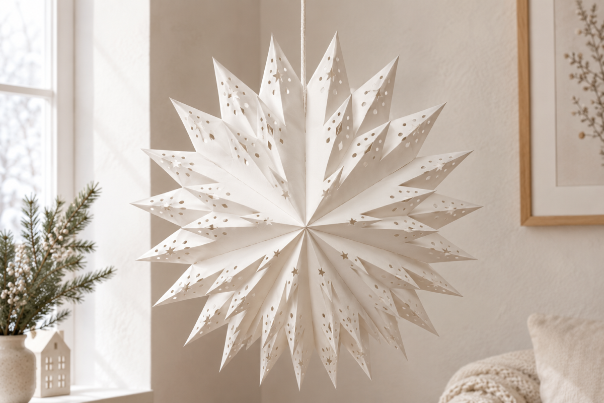 Papierstern 58 cm LED beleuchtet – großer Weihnachtsstern aus Papier, warmweiß mit Timer