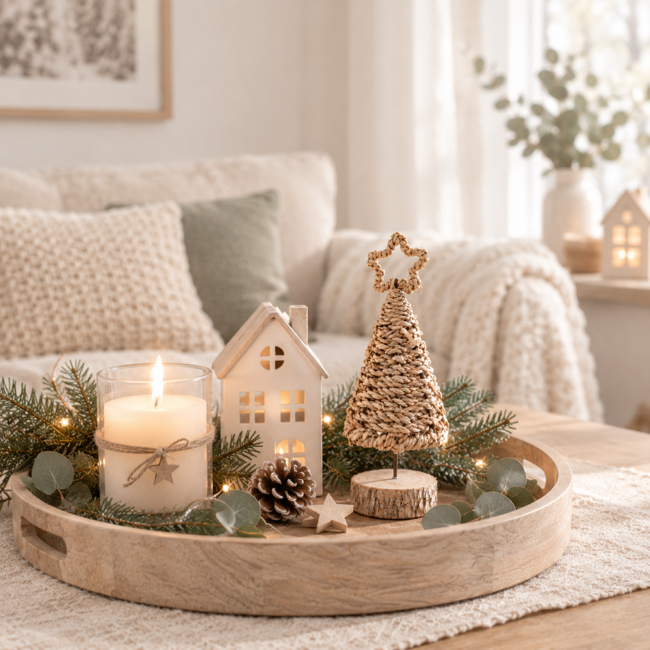 Geflochtener Weihnachtsbaum in natürlicher Bastoptik mit Holzsockel und dekorativem Stern